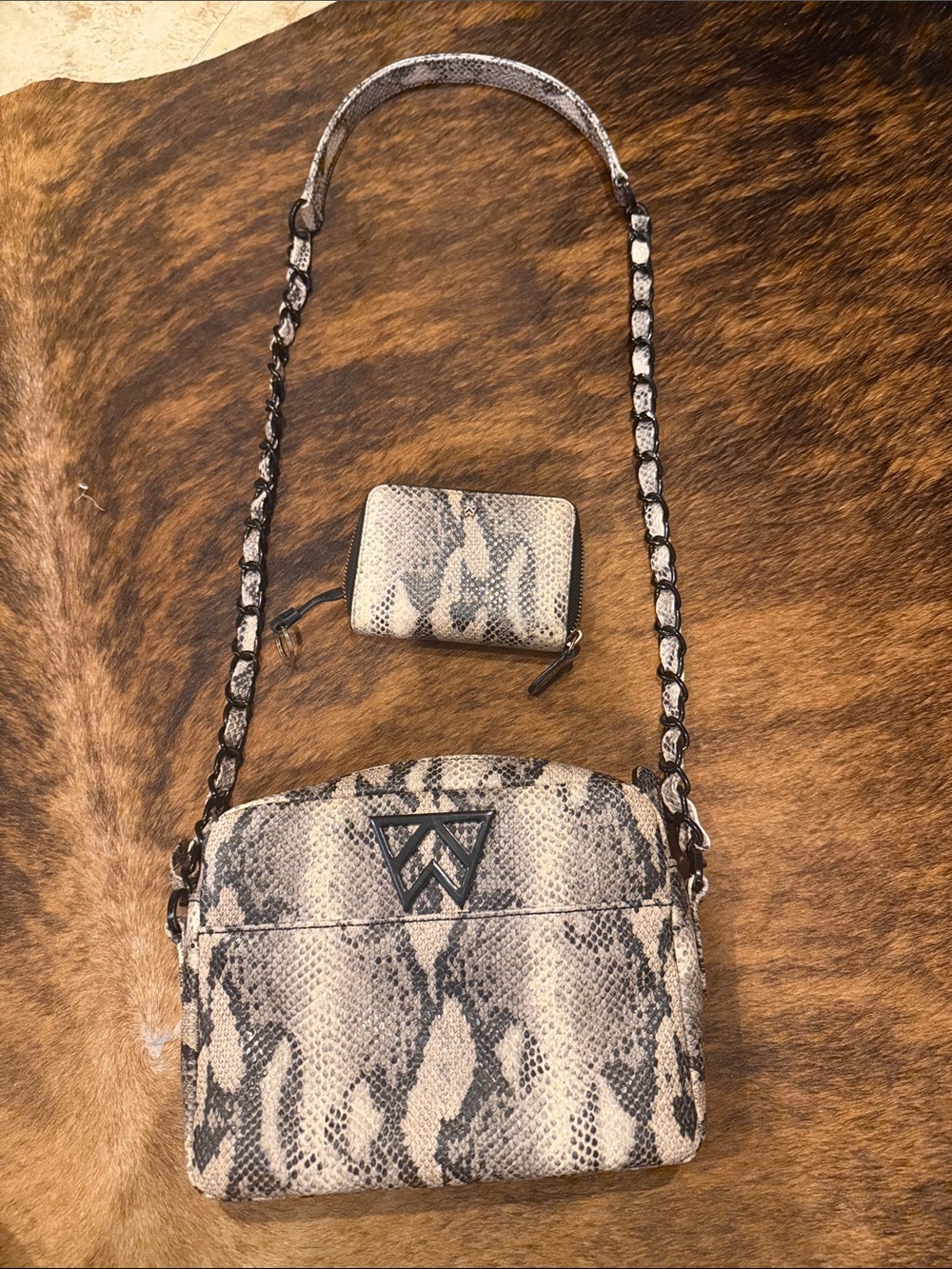 Snake-Print Crossbody Bag and Zip Wallet - Taupe/Black